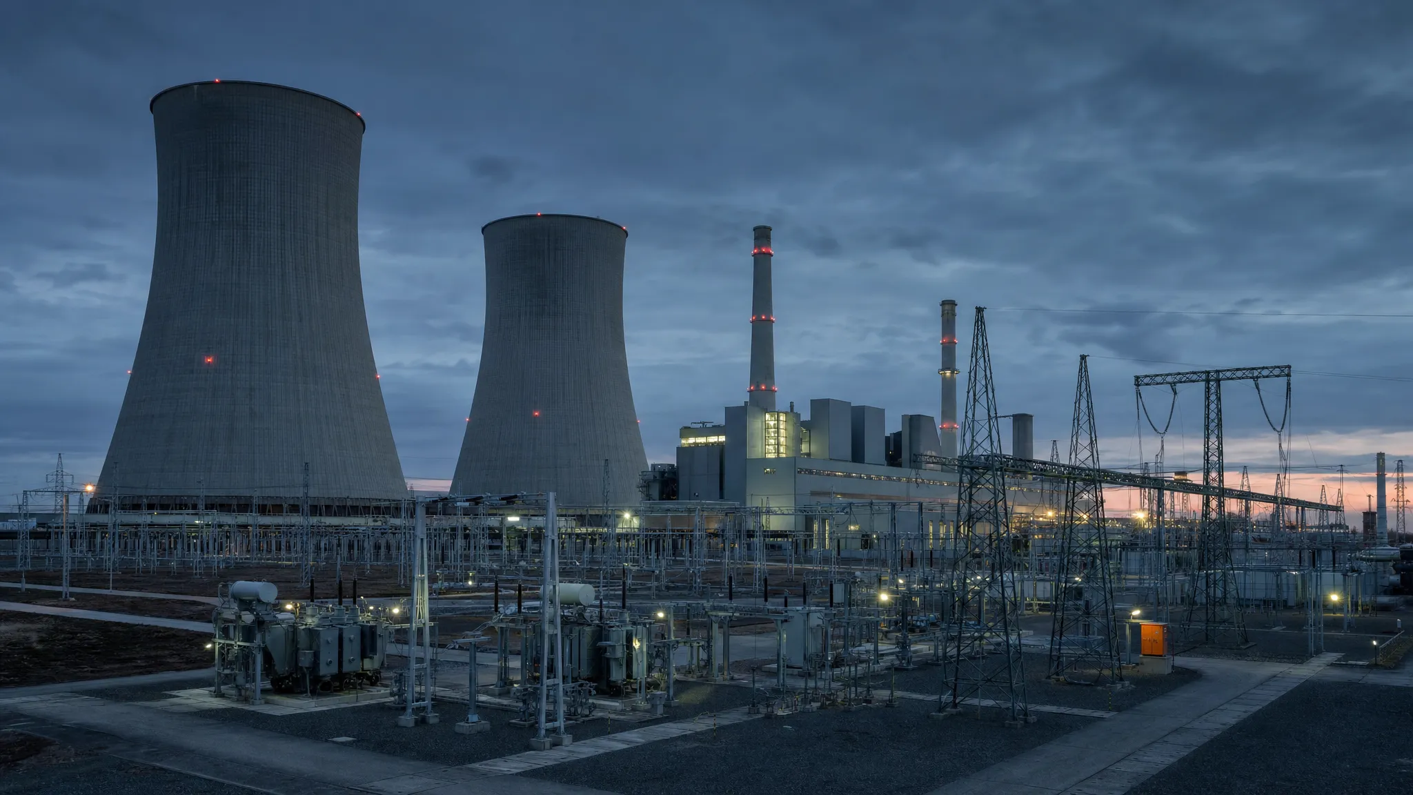 A large generating station with concrete cooling towers and a high-voltage switchyard at blue hour