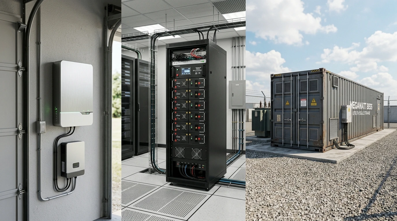 BESS voltage levels scaling from 48V residential to 400V C&I to 1000V utility container with increasing cell series count