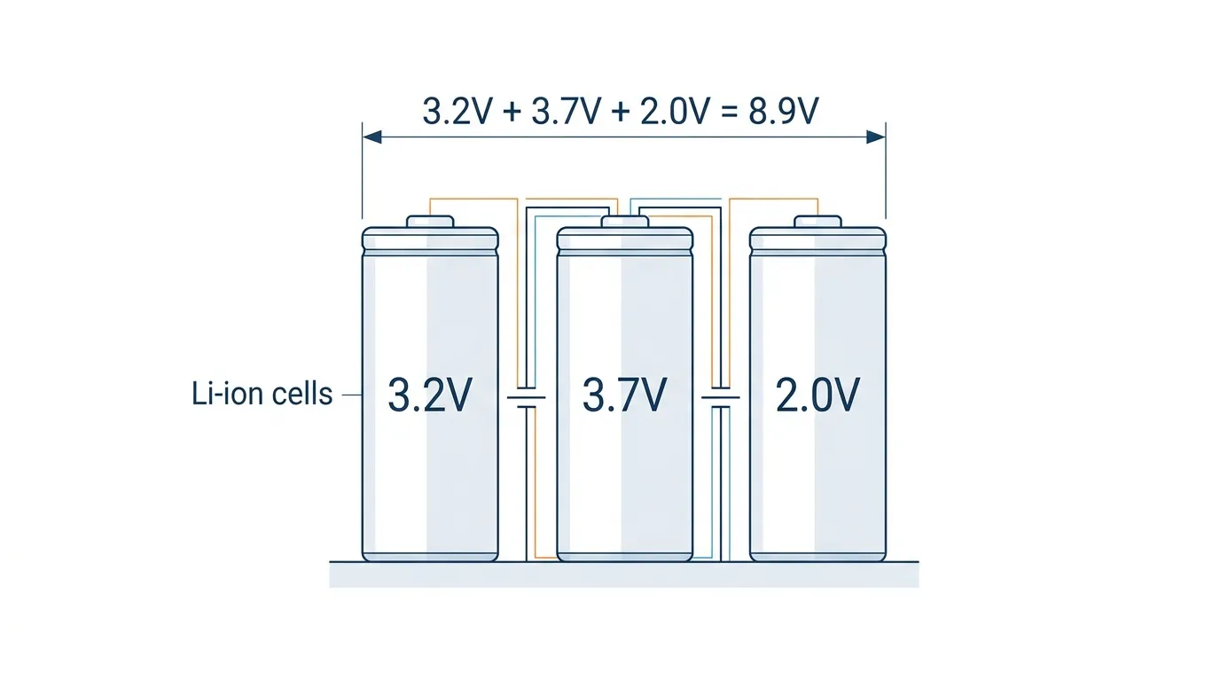Cover image: Technical illustration of battery cells in series showing voltage ratings and measurement