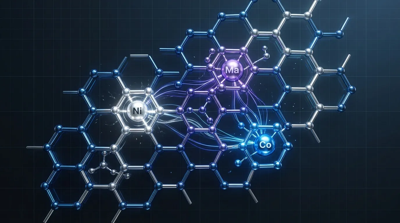 Abstract 3D visualization of NMC battery molecular lattice structure with nickel manganese cobalt nodes on dark gradient background