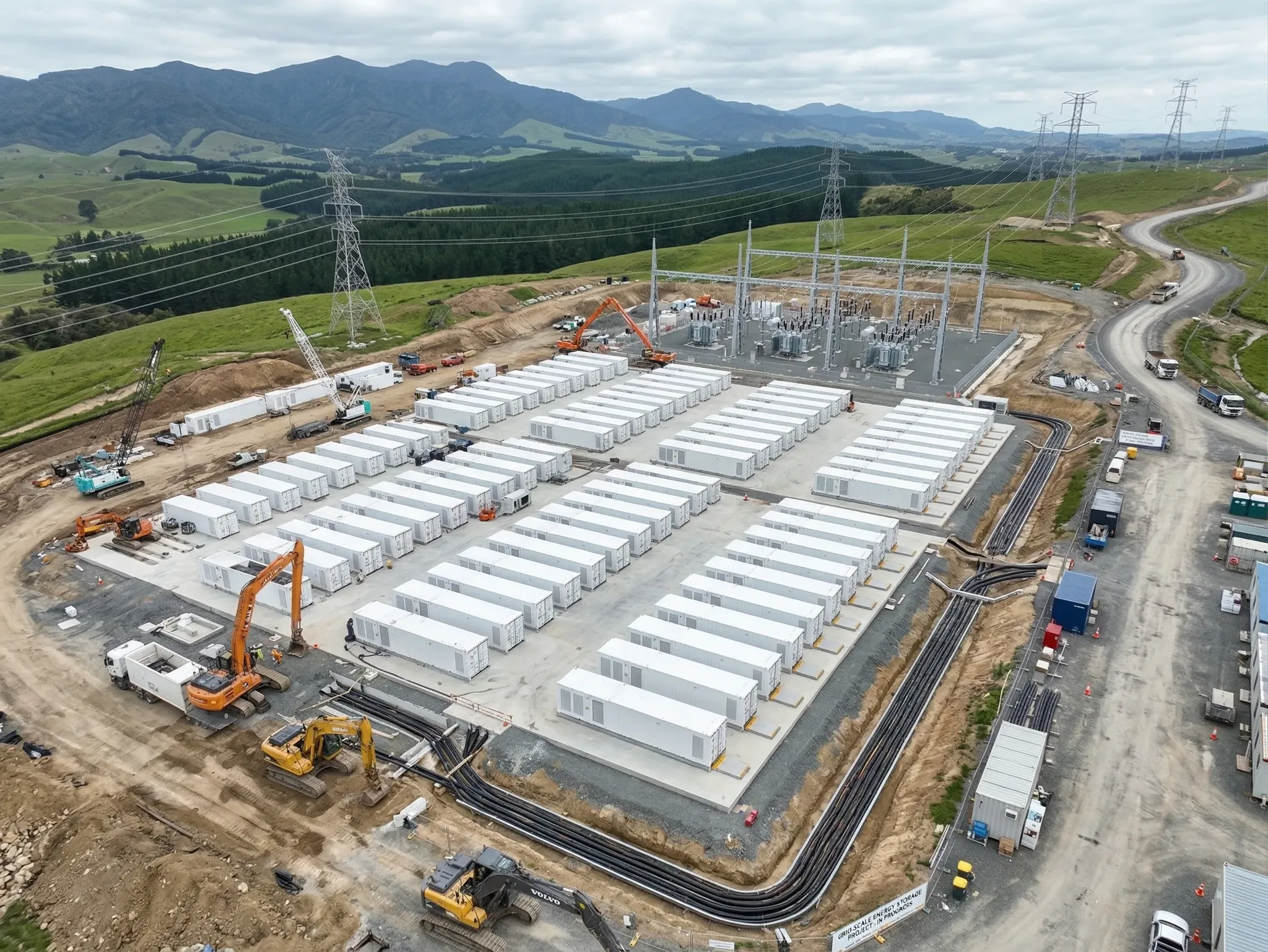 An aerial view of a utility-scale battery storage site under construction beside a substation and transmission lines