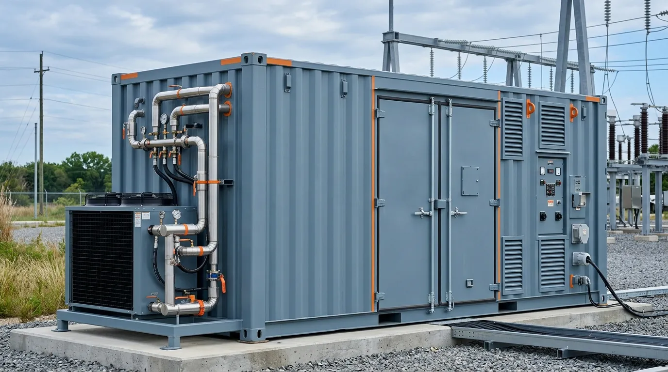 Liquid-cooled battery energy storage container with outdoor chiller and coolant piping for utility-scale projects