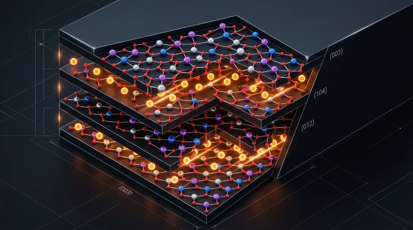 Layered structure of NMC cathode showing lithium ions intercalating between transition metal oxide layers