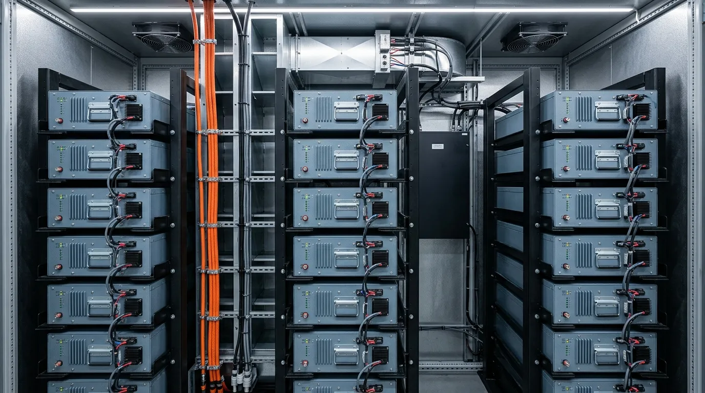 Interior of a battery storage cabinet showing racks of LFP modules with air cooling ducts and a thermal management plenum
