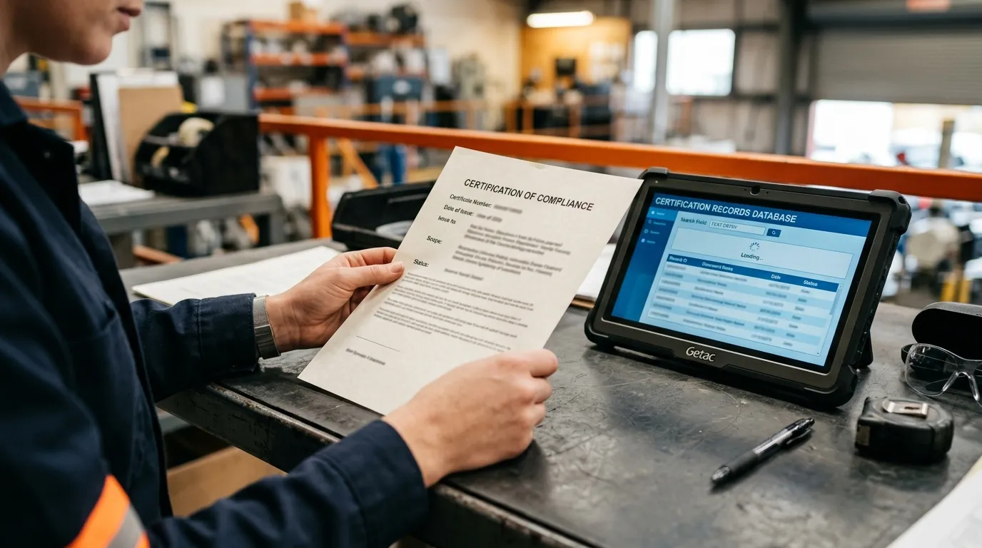 Engineer reviewing a UL 9540 certificate and checking the listing database on a tablet, verifying a supplier's certification claim