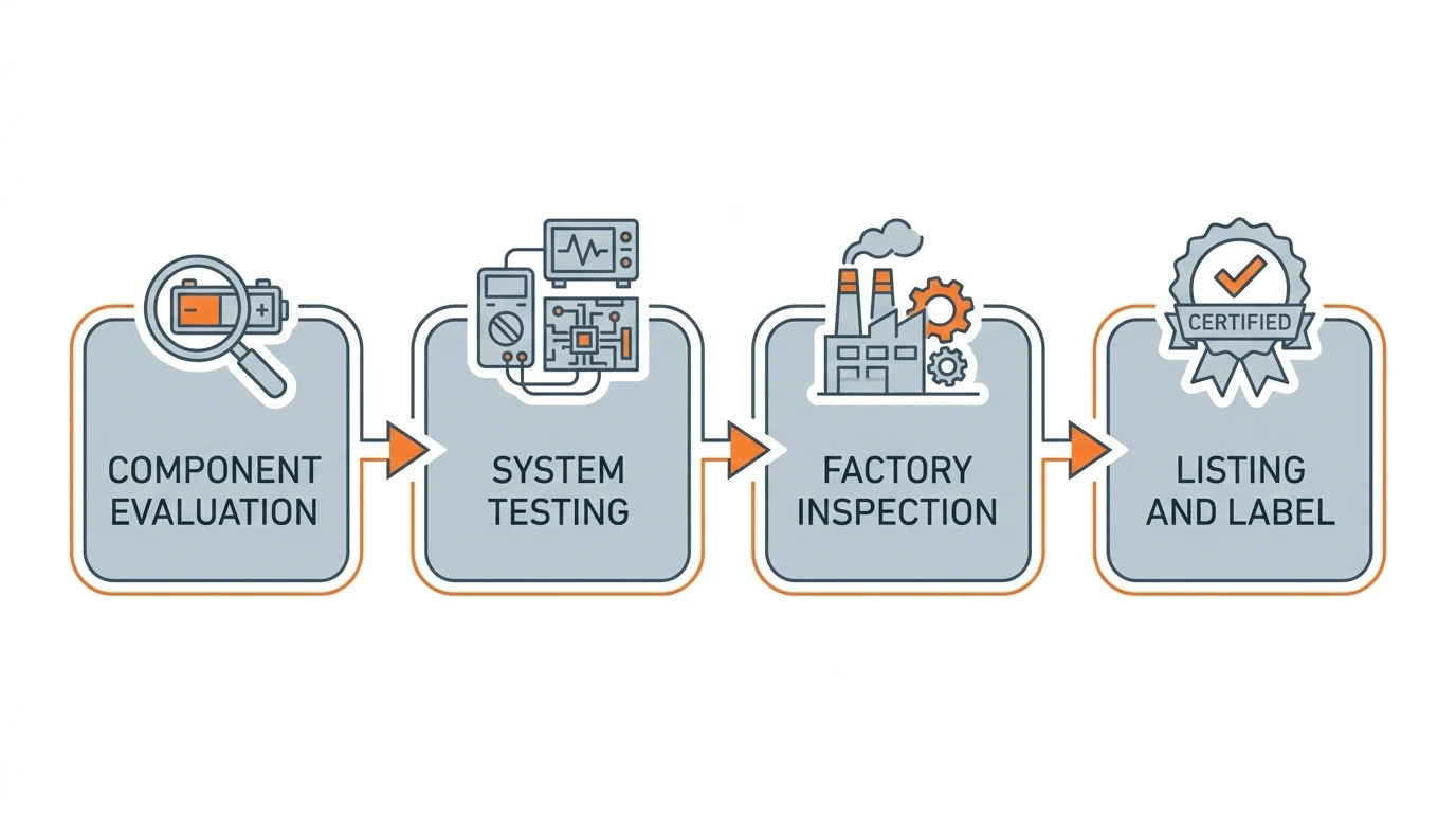 UL 9540 certification process flow: component evaluation, system testing, factory inspection, listing and label