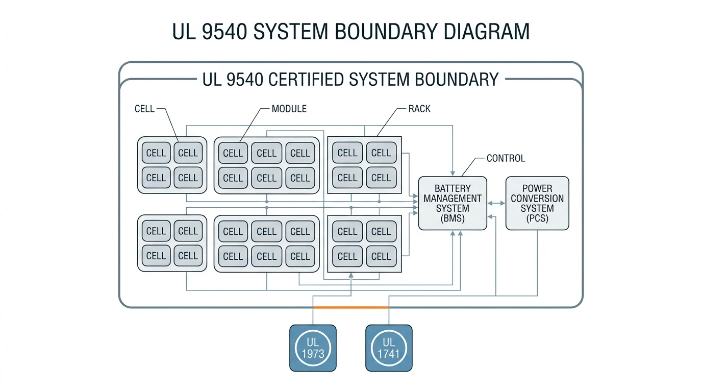 UL 9540 system boundary diagram: cells, modules, racks, BMS, and PCS inside the certified system, with components tested to UL 1973 and UL 1741