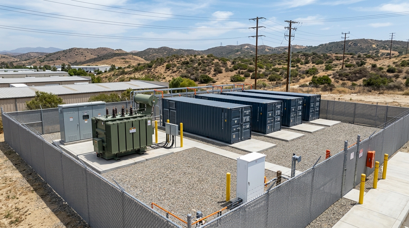 Layout of a 10 MW / 20 MWh California battery storage site with four liquid-cooled BESS containers and a pad-mounted transformer