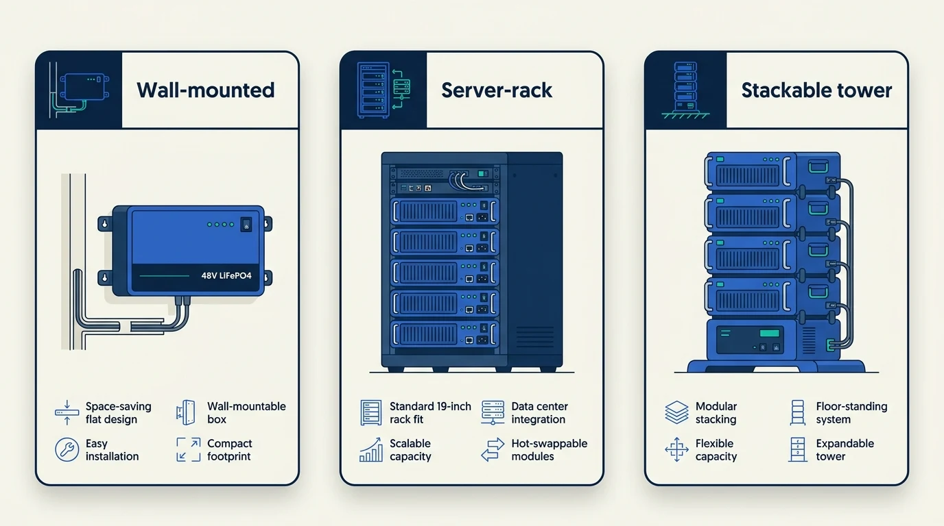 Three 48V LiFePO4 form factors compared: wall-mounted box, 19-inch server-rack modules, and a floor-standing stackable tower