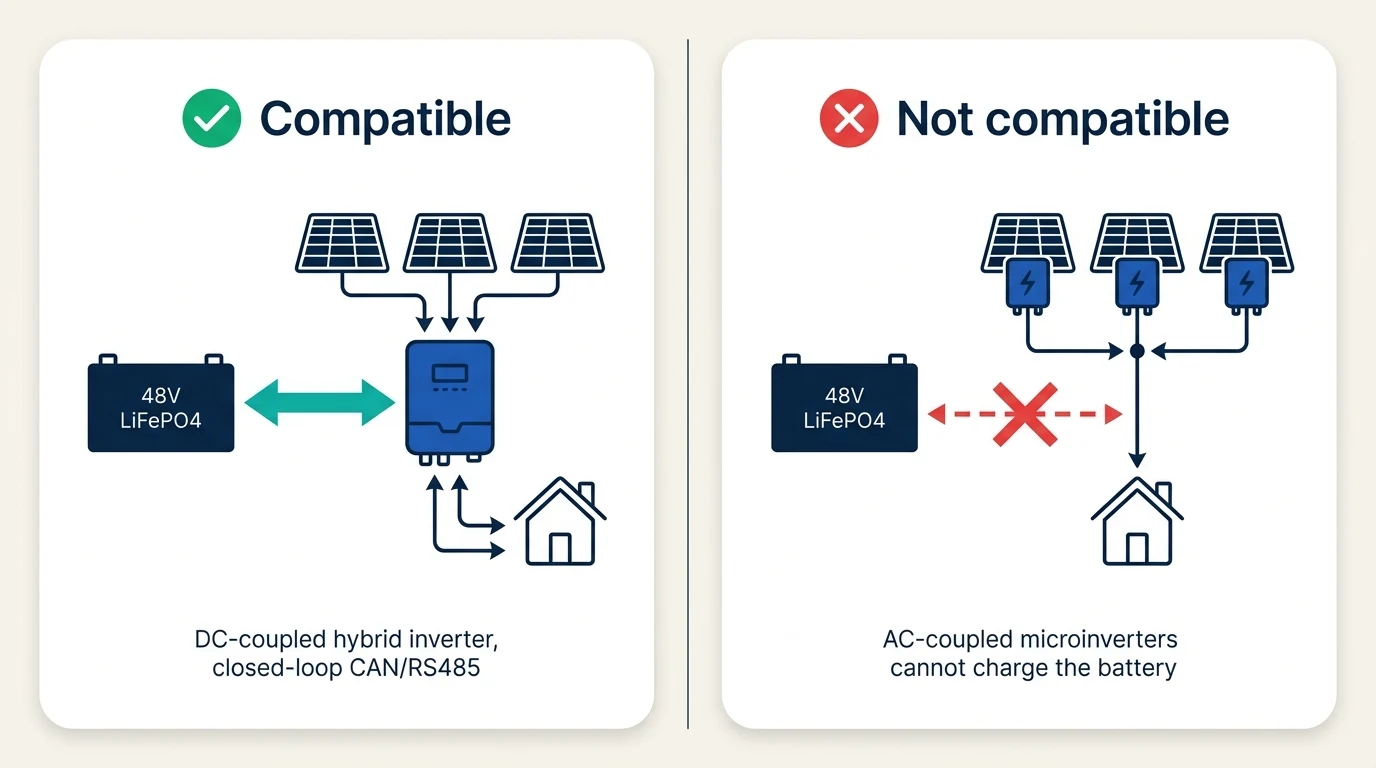 Diagram of a 48V LiFePO4 battery connected to a hybrid inverter with closed-loop CAN/RS485 comms, versus an incompatible AC-coupled microinverter setup