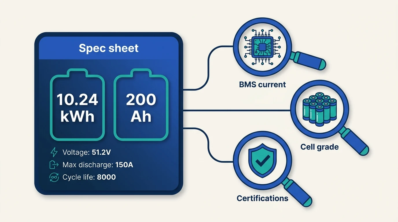 The three things a 48V battery spec sheet hides: the BMS continuous-current rating, the cell grade, and third-party certifications