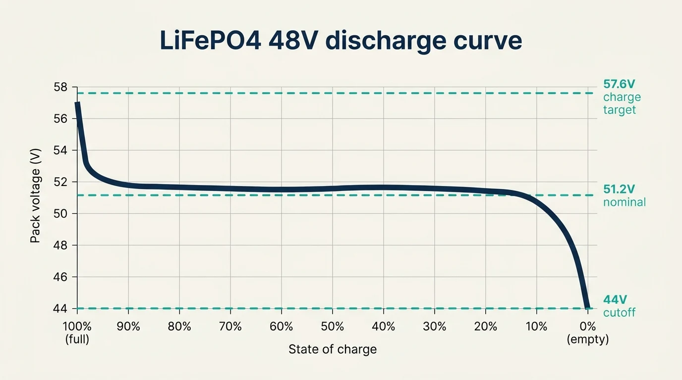 Voltage and state-of-charge chart for a 51.2V (48V nominal) LiFePO4 battery, from 57.6V full to 44V cutoff