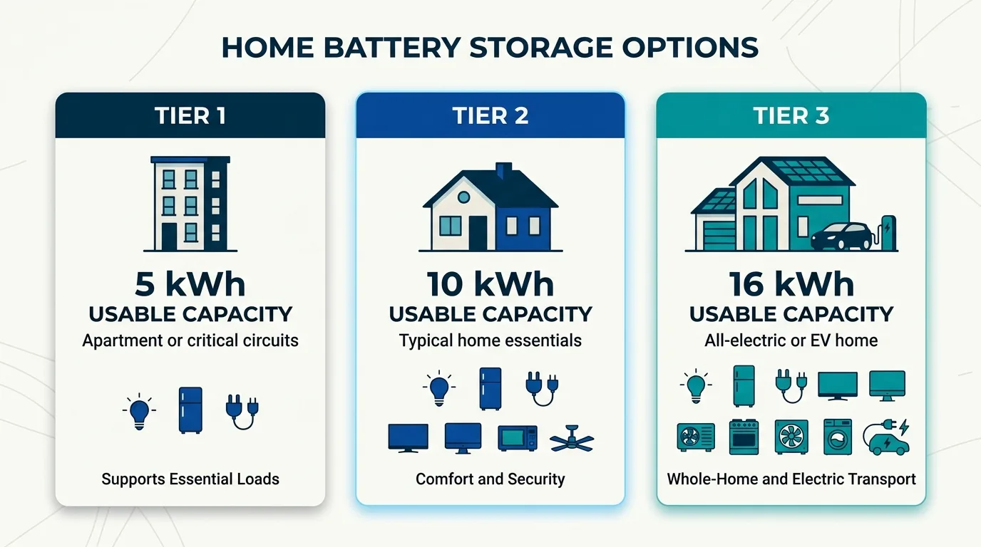 Chart mapping 5, 10 and 16 kWh home batteries to household types and their usable capacity