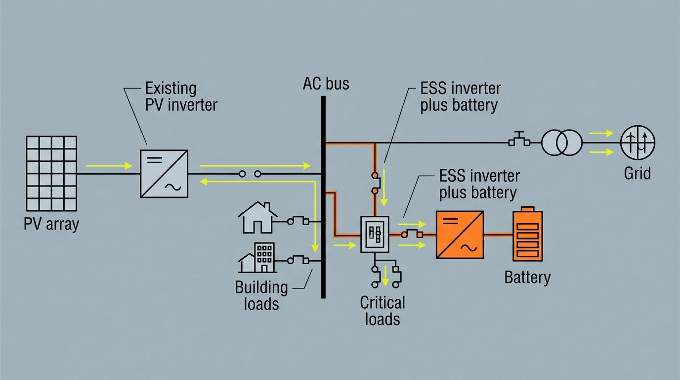 AC-coupled solar storage retrofit one-line diagram: existing PV inverter on the AC bus with battery ESS inverter and critical loads panel
