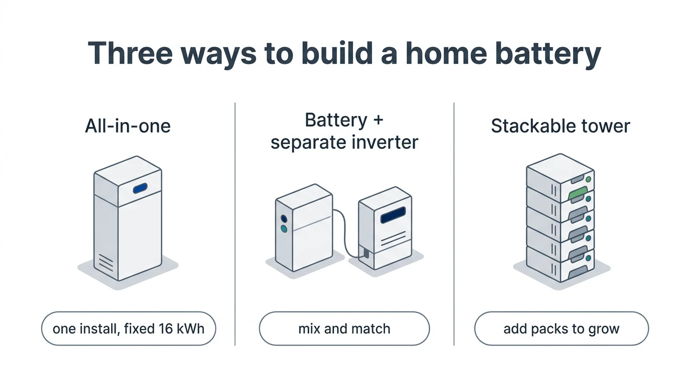 Three ways to build a home battery: an all-in-one cabinet (one install, fixed 16 kWh), a battery plus separate inverter (mix and match), and a stackable tower (add packs to grow)