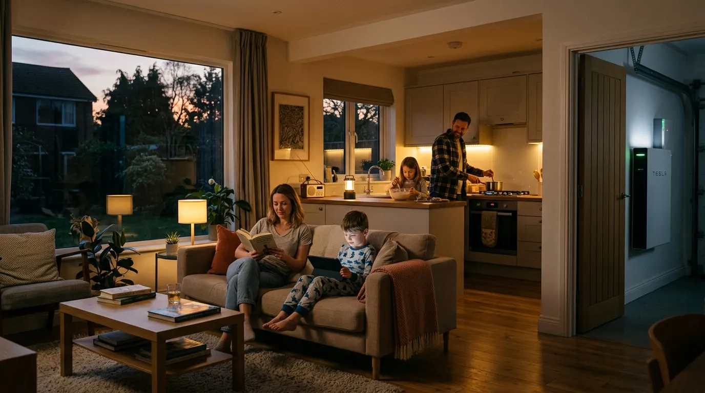 A family kitchen and living room at dusk during a power outage, lights and appliances still running on stored battery power