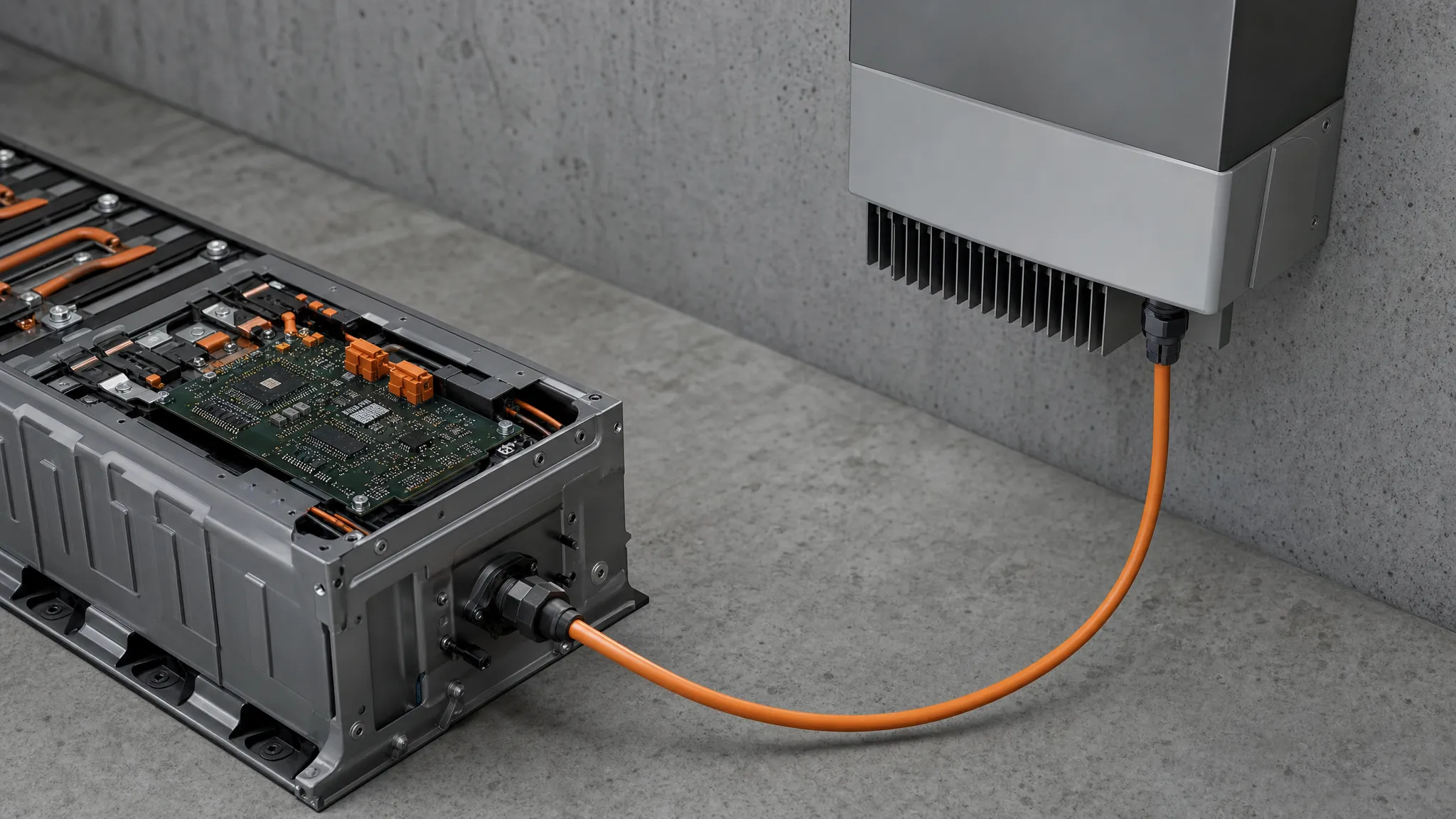 A BMS control board linked by an orange communication cable to the battery port of a wall-mounted hybrid inverter