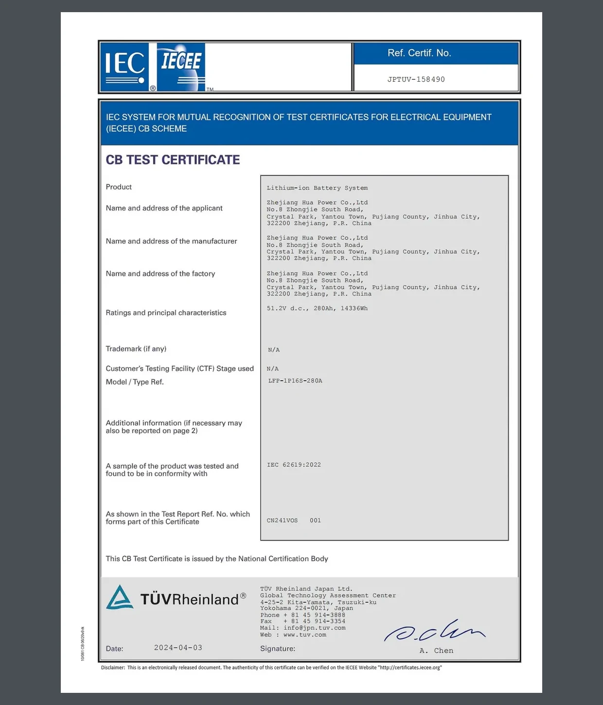 IEC 62619 CB test certificate for a lithium-ion battery module issued by TÜV Rheinland, the kind of document a utility review asks for