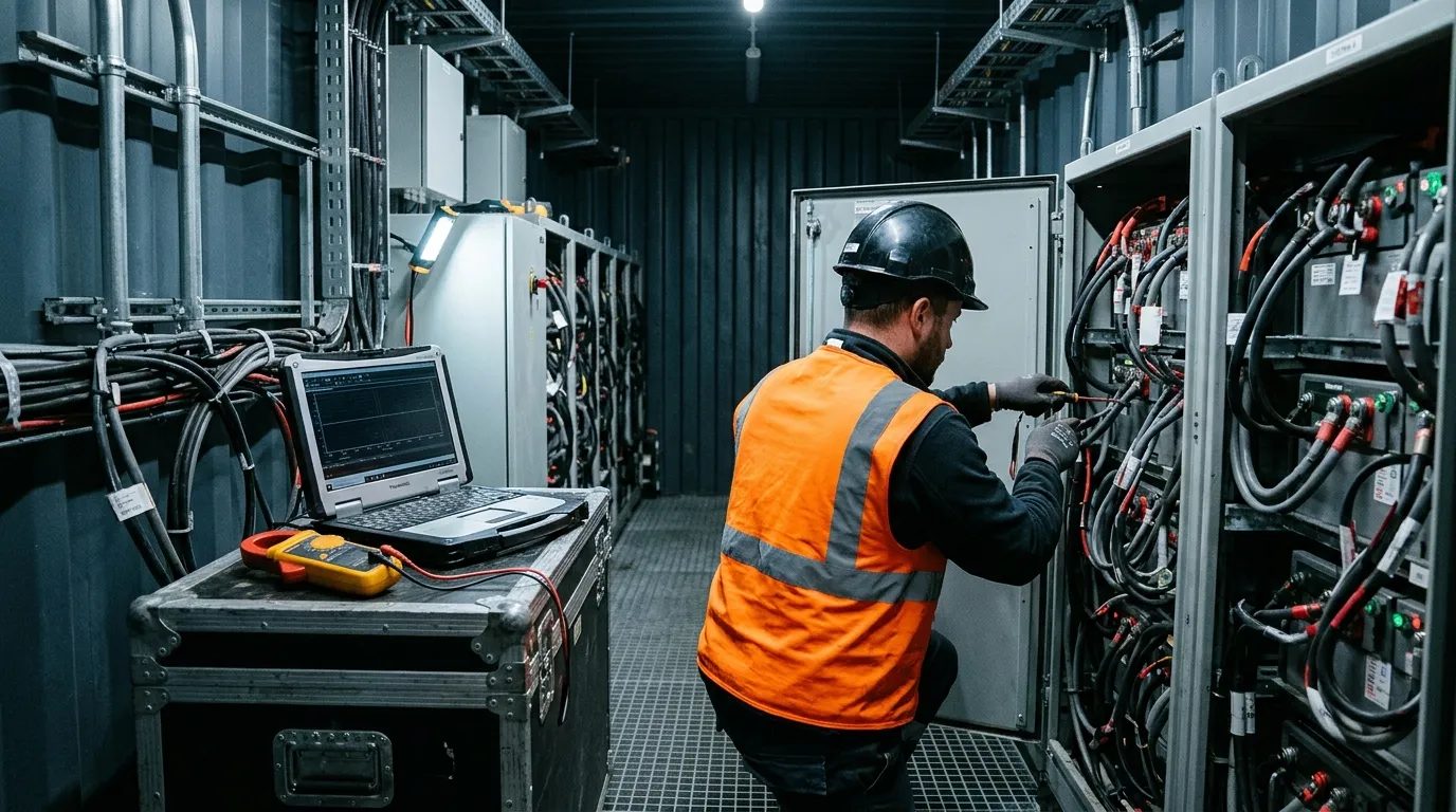 Engineer running a commissioning test on battery racks, the operating test evidence a prequalification bid must supply