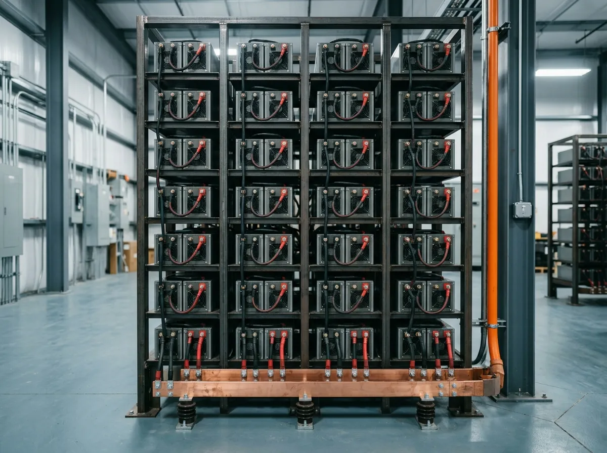 A battery rack with series-connected strings paralleled onto a shared DC bus inside an energy-storage enclosure