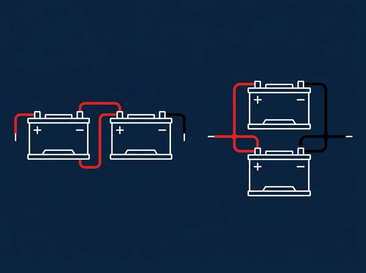 A technical schematic showing two batteries wired in series on the left and two batteries wired in parallel on the right
