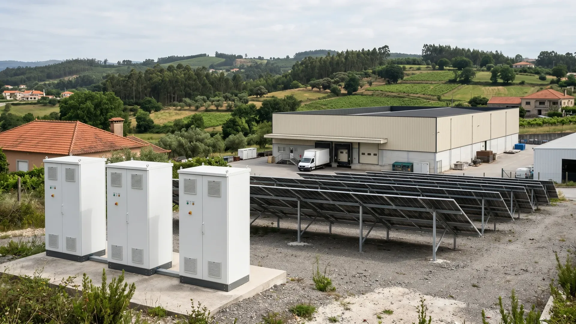 Three battery storage cabinets on a concrete pad with a ground-mounted solar array behind them at the same site