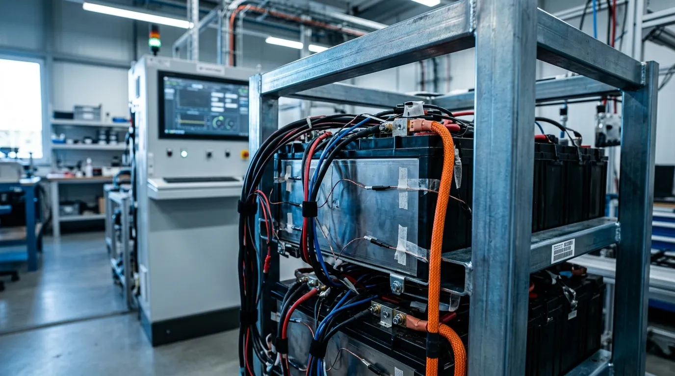 Photorealistic close-up of a lithium battery rack under test with thermal sensors and measurement cables in a technical laboratory