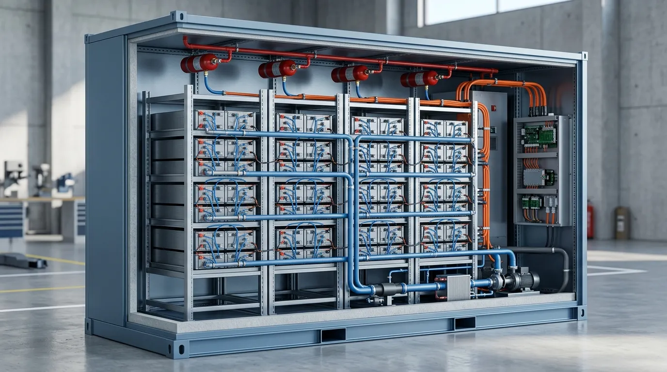 Cutaway render of a liquid-cooled battery storage cabinet showing cell racks, cooling pipes, BMS, and fire suppression equipment