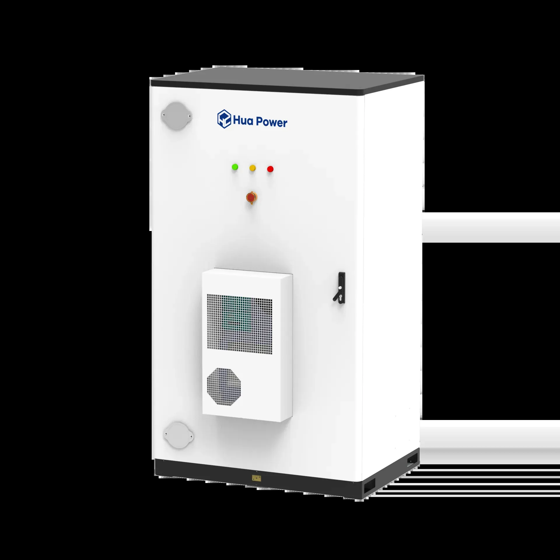 White battery storage cabinet with a front control panel and status indicators, photographed for a supplier datasheet
