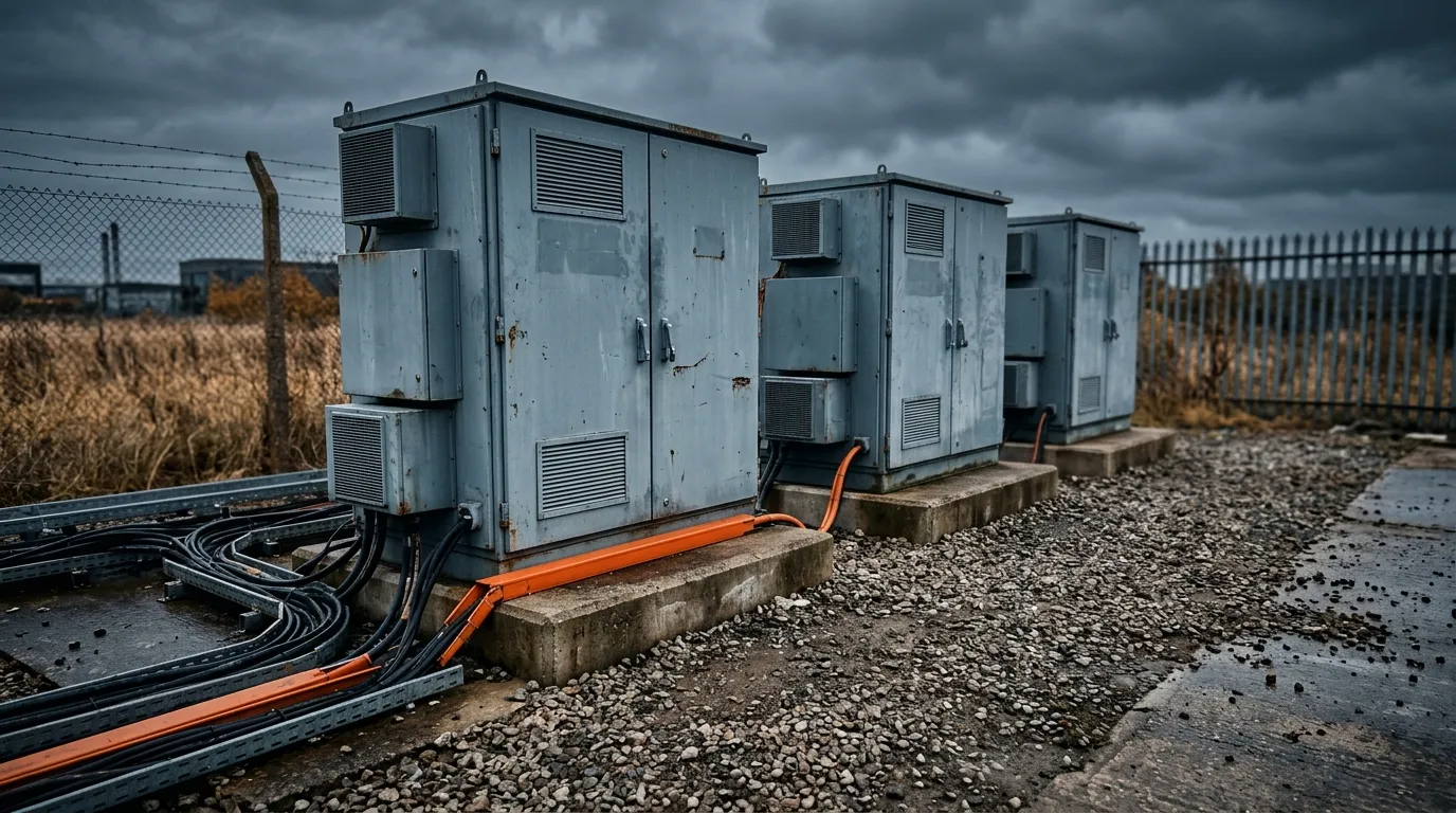 Gaps between outdoor battery cabinets showing the separation an NFPA 855 layout must maintain