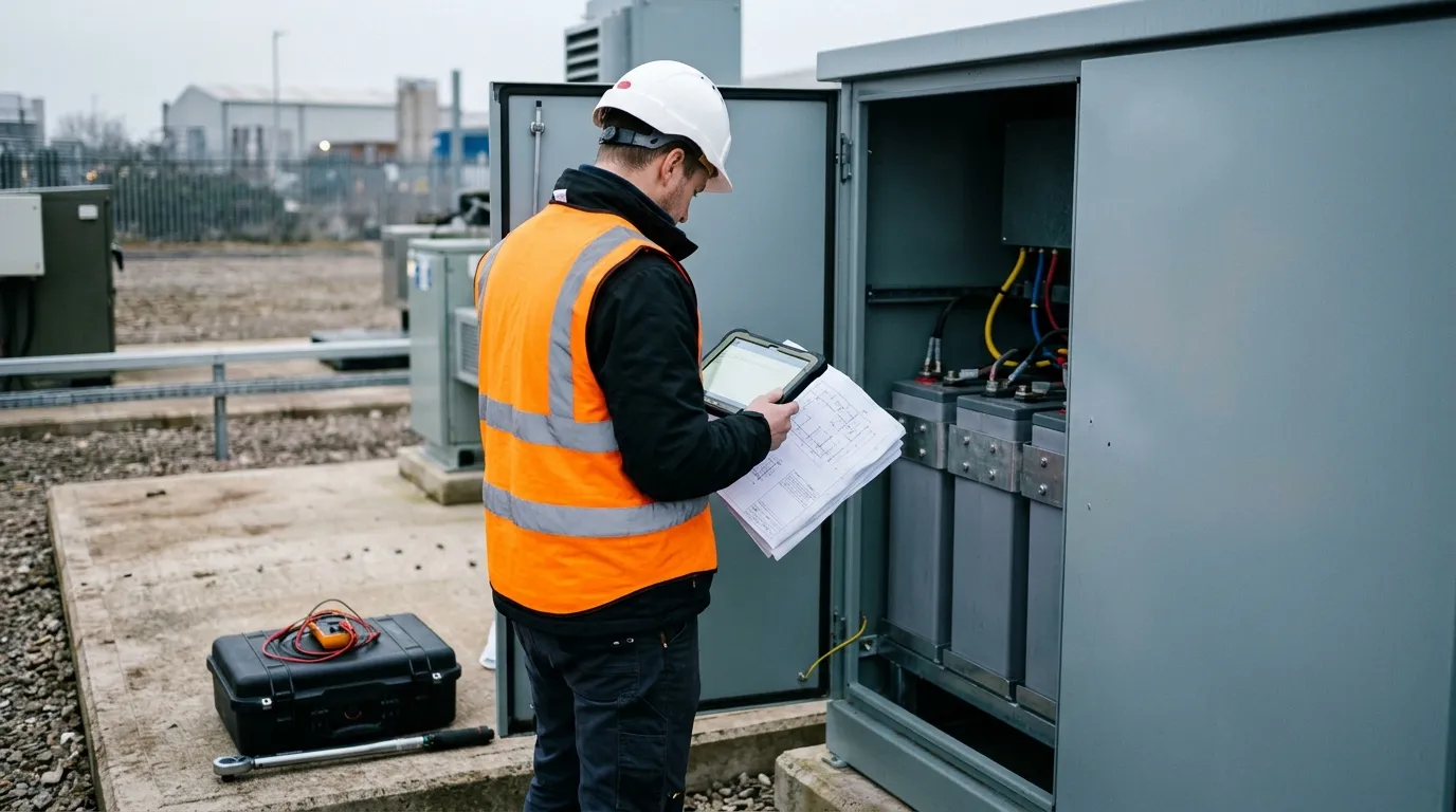 Commissioning engineer checking an open battery cabinet against the submittal documents