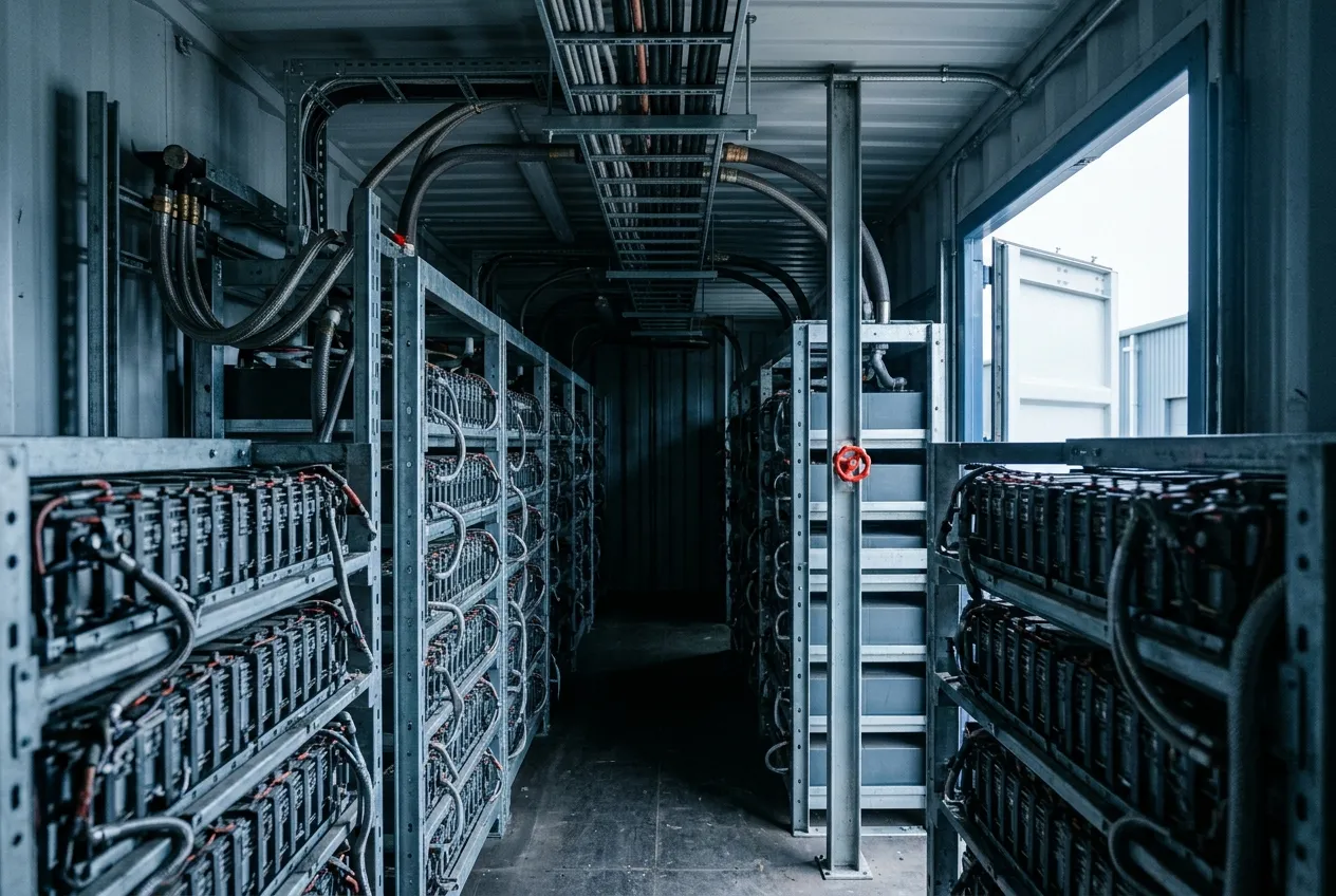 Open battery container interior with racked battery modules and cable trays, the shared hardware behind every stacked service claim