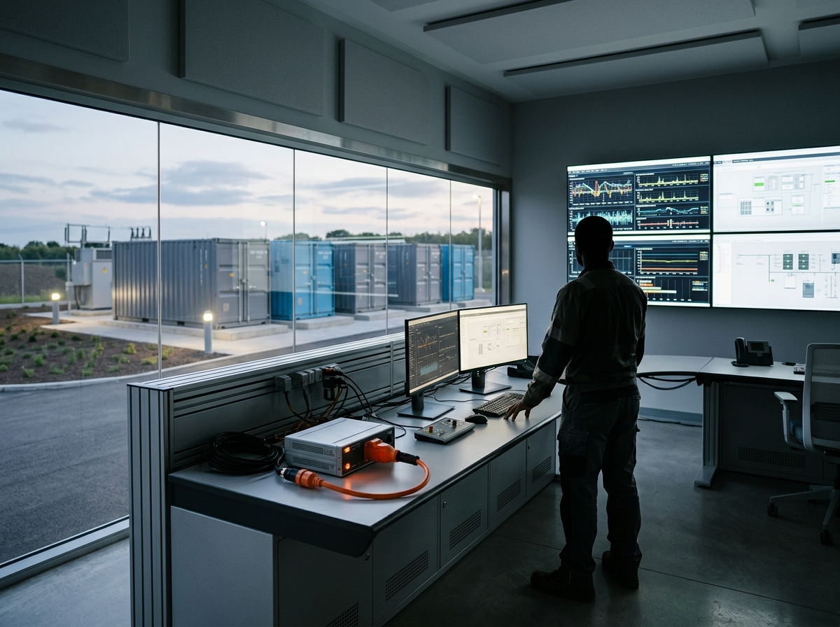 Containerized C&I battery energy storage system with an EMS control room and monitoring screens