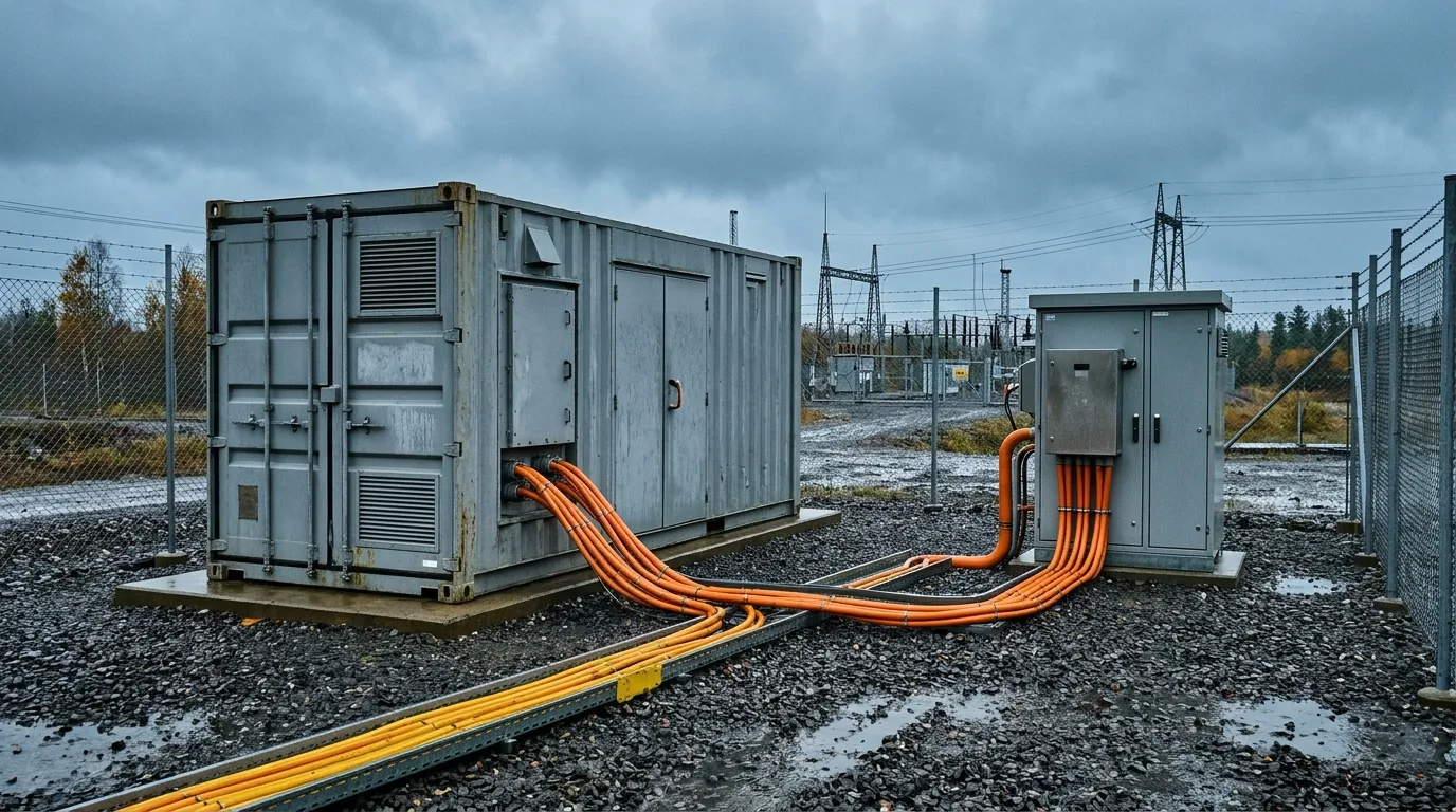 Grid-scale battery storage container beside a substation, the asset a frequency regulation tender actually procures