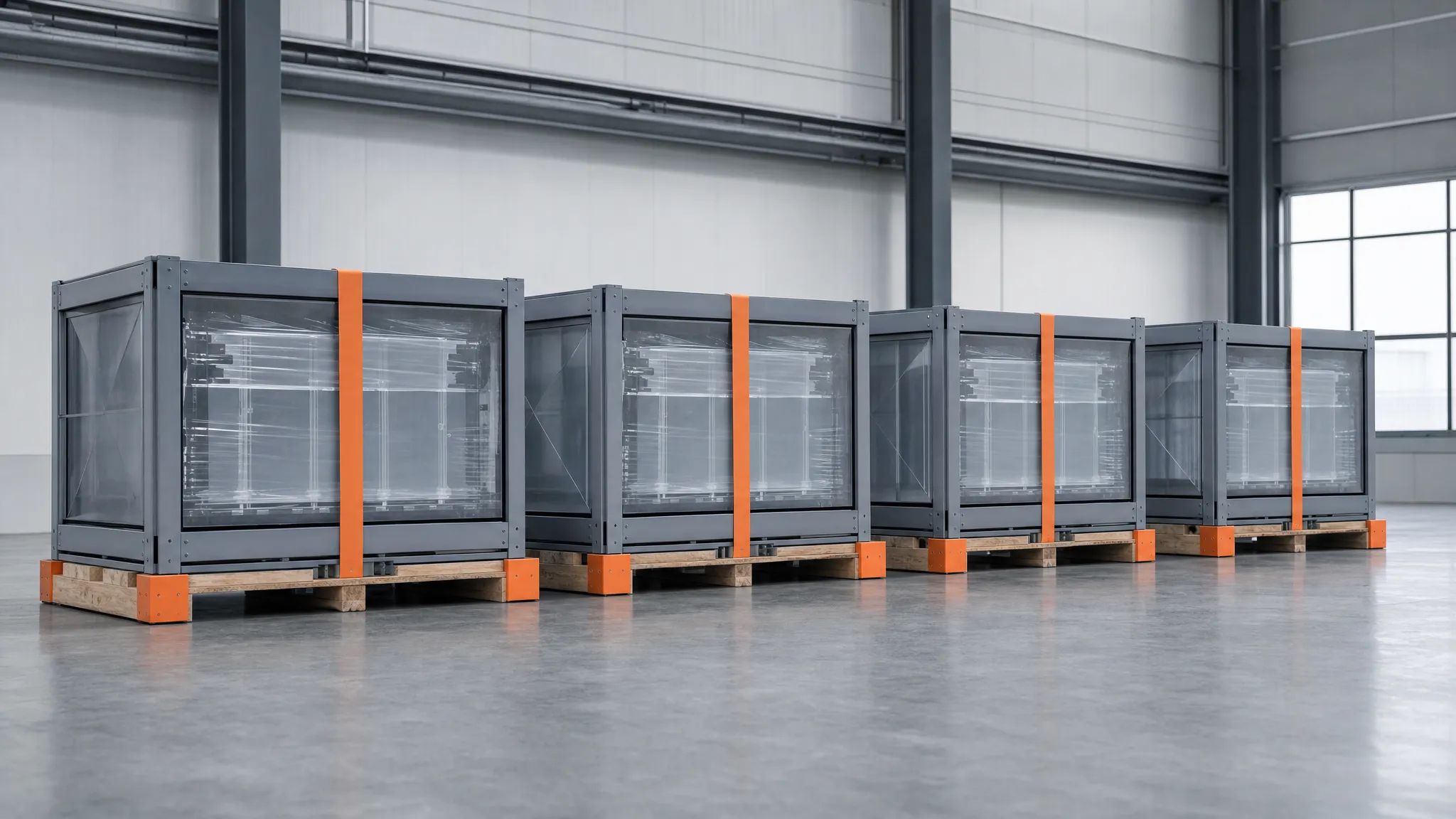 Identical export crates holding battery modules on wooden pallets, strapped and staged in a warehouse before shipment