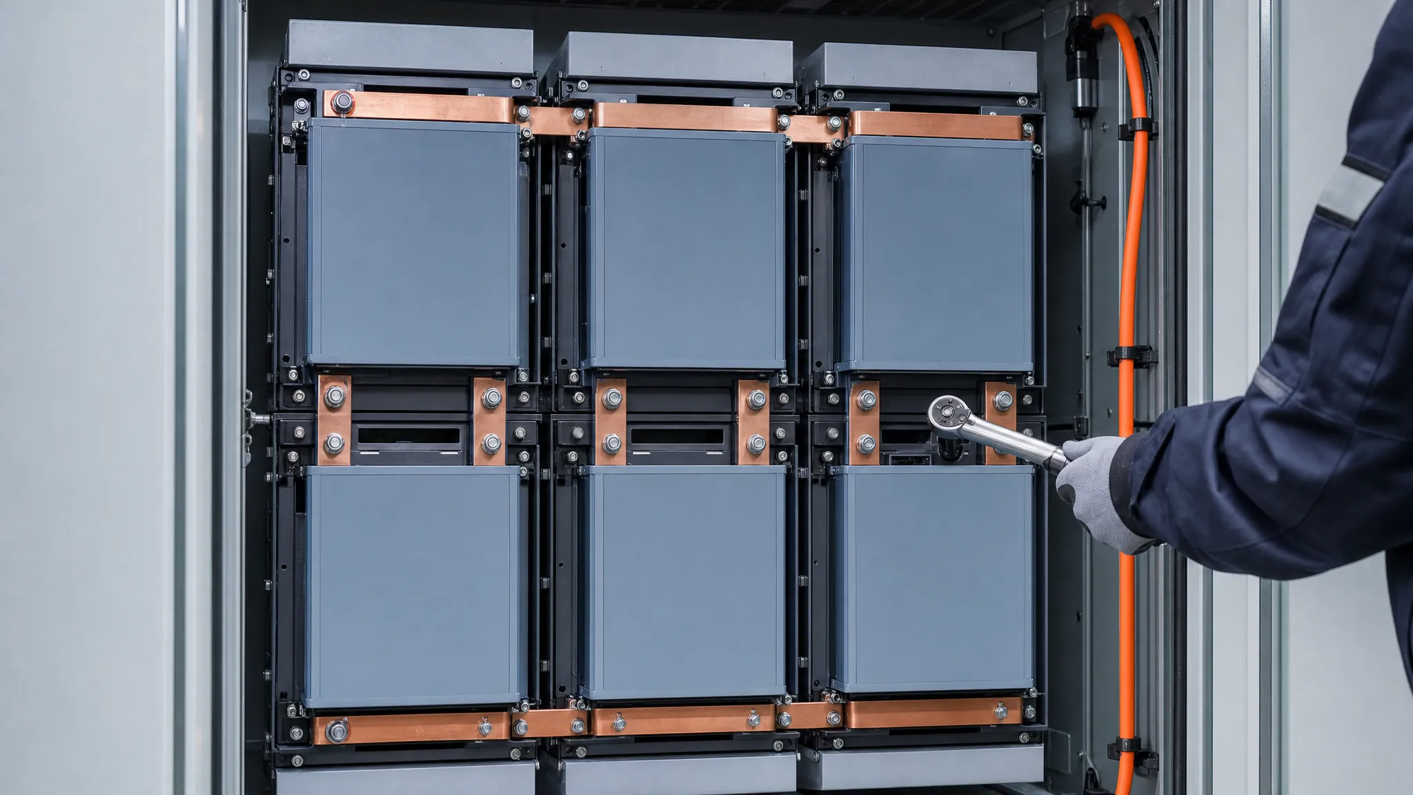 Technician's gloved hand tightening a busbar bolt inside an open battery module rack during a factory inspection