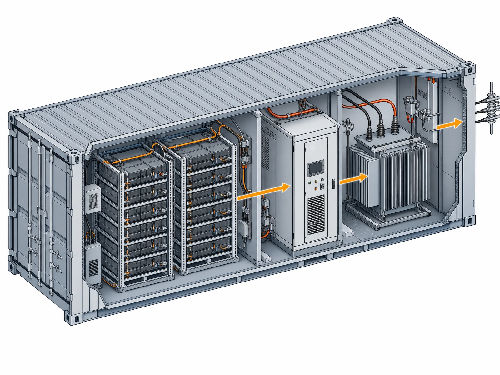 Containerized battery energy storage system cutaway showing cells stacked into modules and racks, the PCS, and the medium-voltage transformer