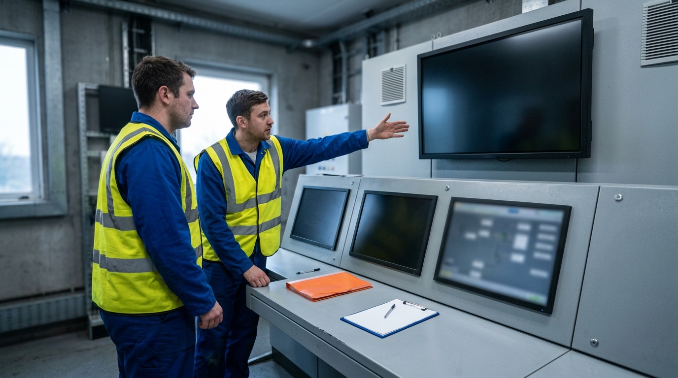 Two engineers at a microgrid control room console with every display dark, reviewing the restoration sequence ahead of a black start test