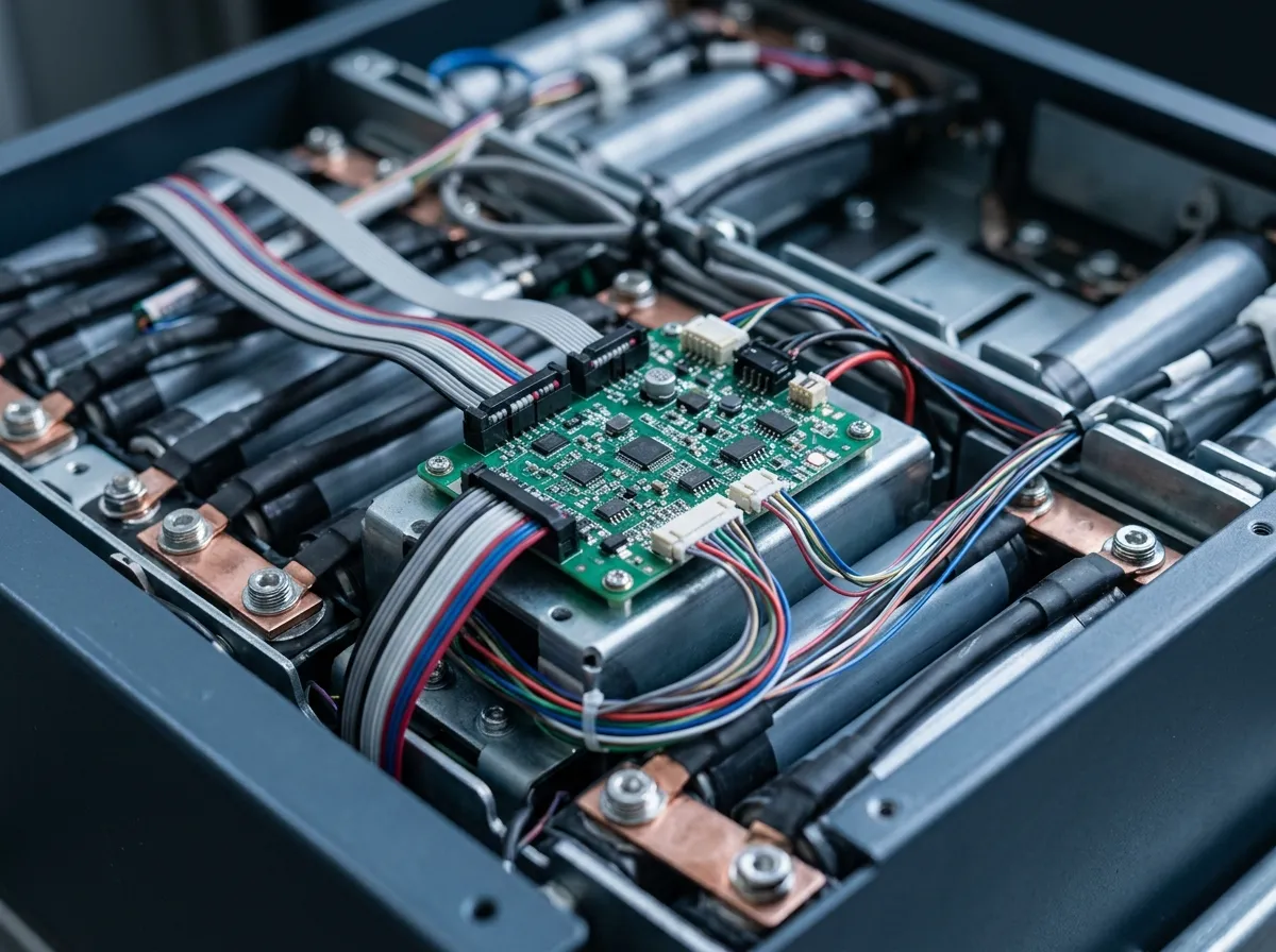 A battery management system circuit board mounted inside a LiFePO4 battery pack, with ribbon and sense wires running to the cell terminals