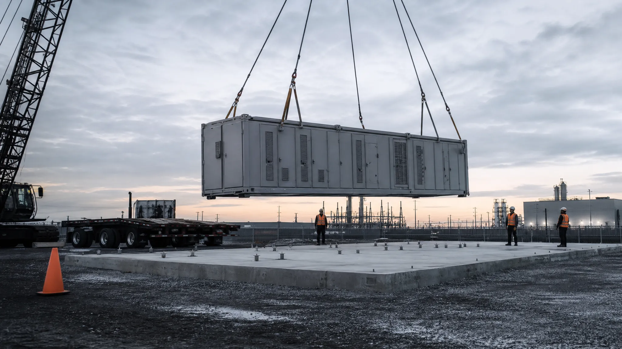 Containerized battery storage unit being lowered onto a concrete pad at an industrial site