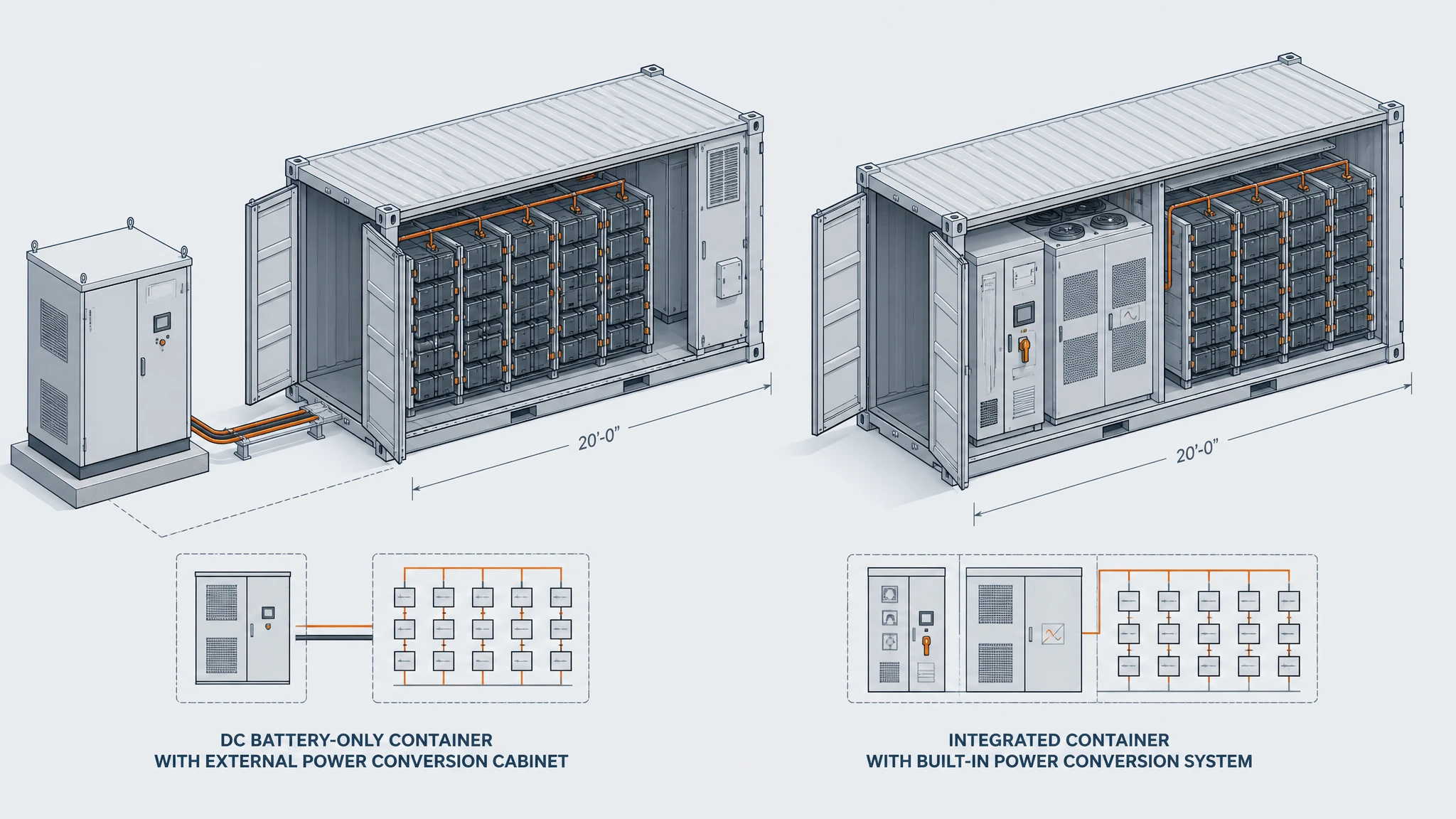 Comparison of a DC battery-only container that needs an external PCS with an integrated container that has built-in power conversion