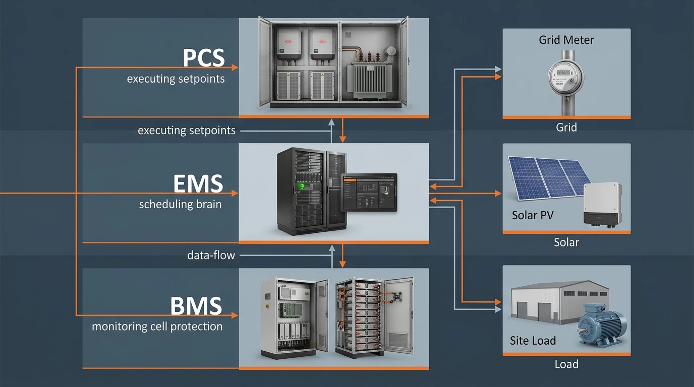 EMS architecture diagram showing the energy management system as the scheduling layer above battery management, issuing power setpoints to the power conversion system
