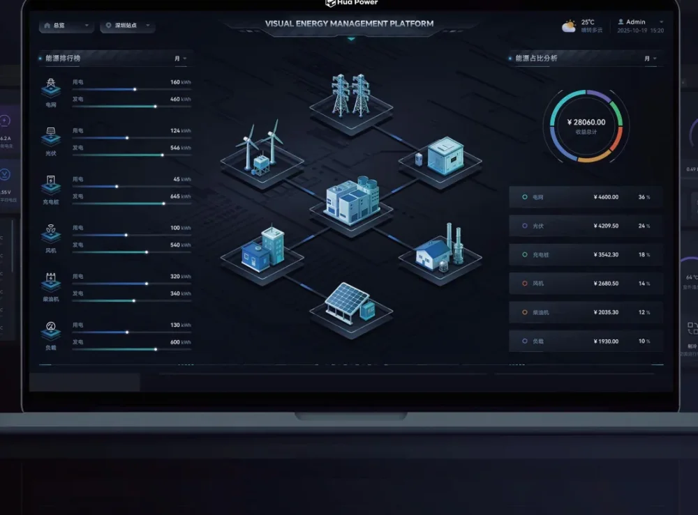 Hua Power Visual Energy Management Platform dashboard showing real-time energy flow and dispatch