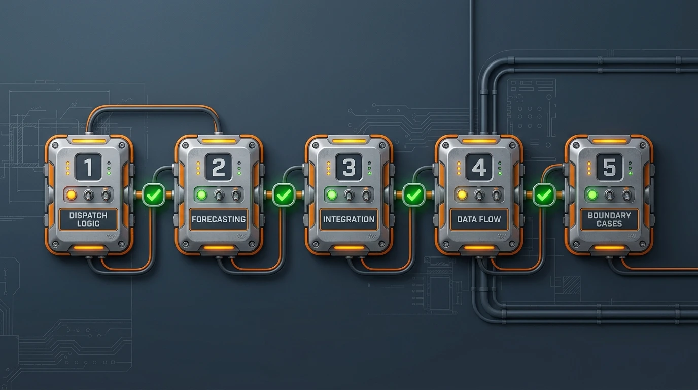Five-step EMS demo evaluation checklist covering dispatch logic, forecasting, integration, data flow, and boundary cases