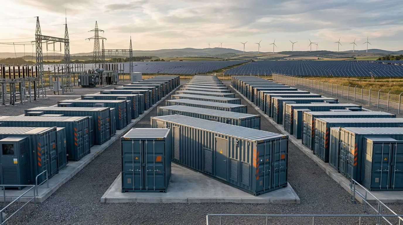 Photorealistic render of rows of battery storage containers at a European substation with solar panels and wind turbines in the background