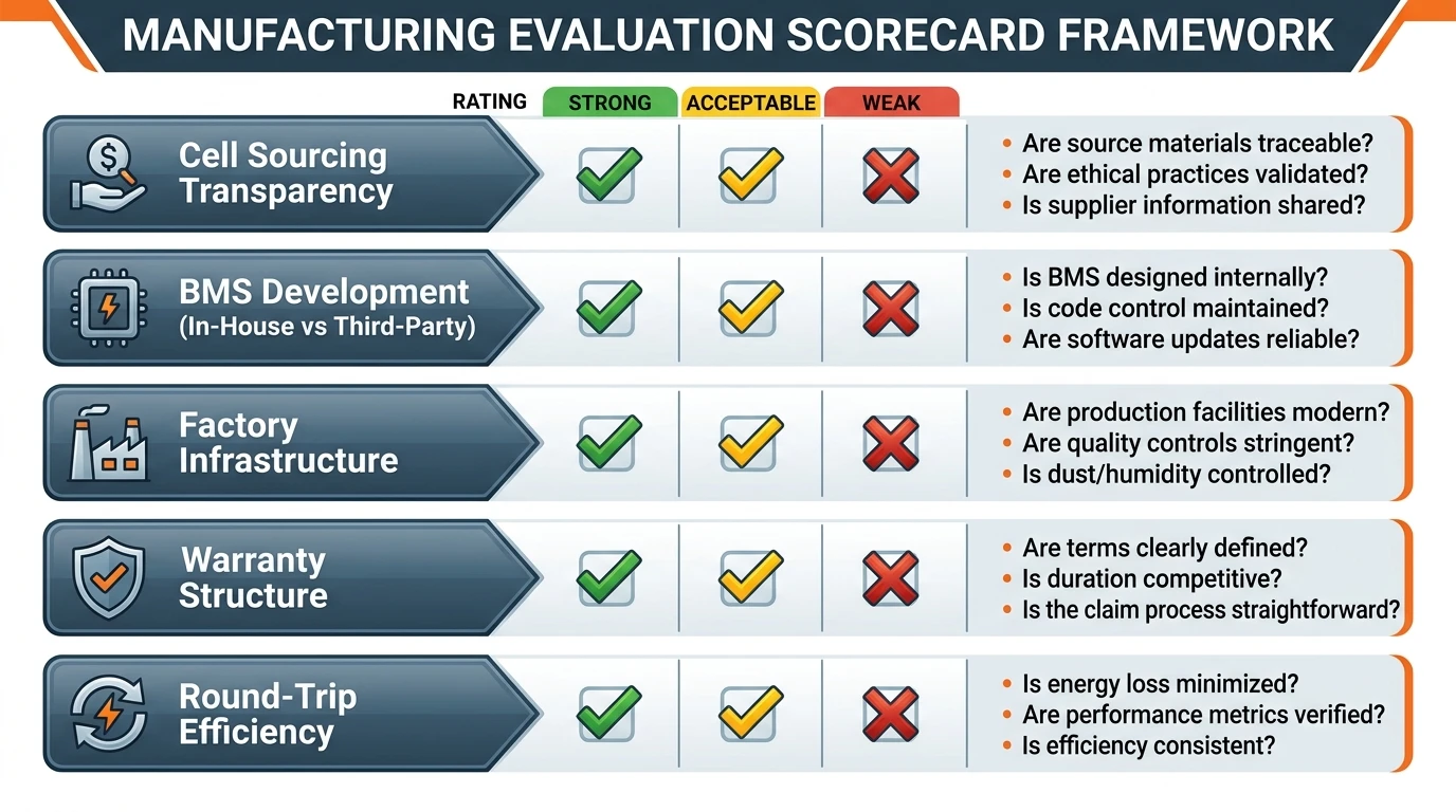 Evaluation scorecard showing five manufacturer assessment criteria with rating indicators and key questions for each