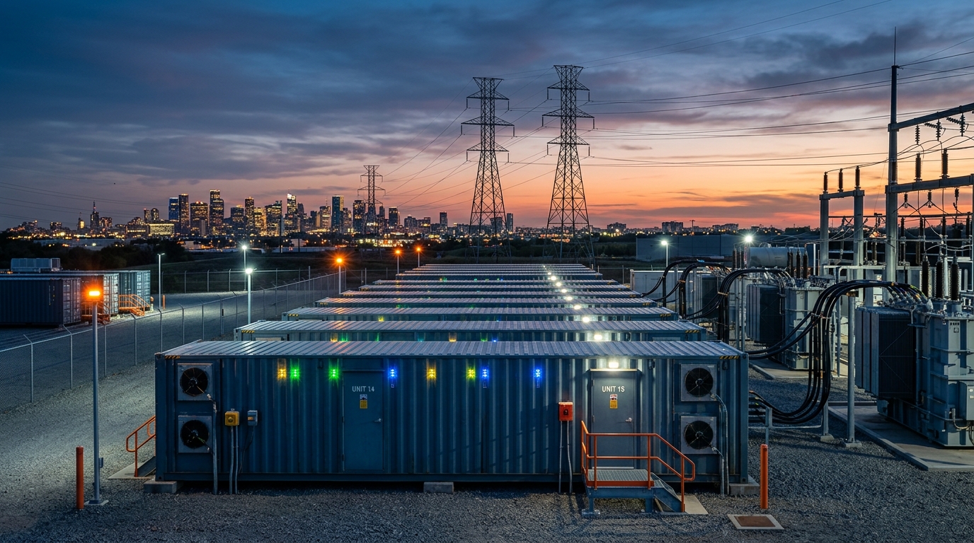 Battery storage containers discharging into the grid during the evening peak, with transmission lines and a city skyline behind