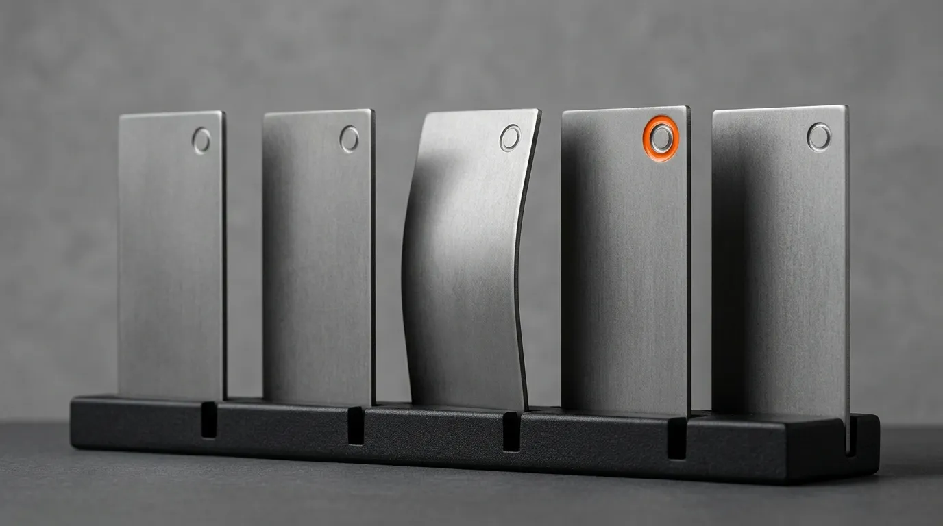 Five brushed-steel plates in a rack, four carrying a stamped verification mark and one blank and rejected