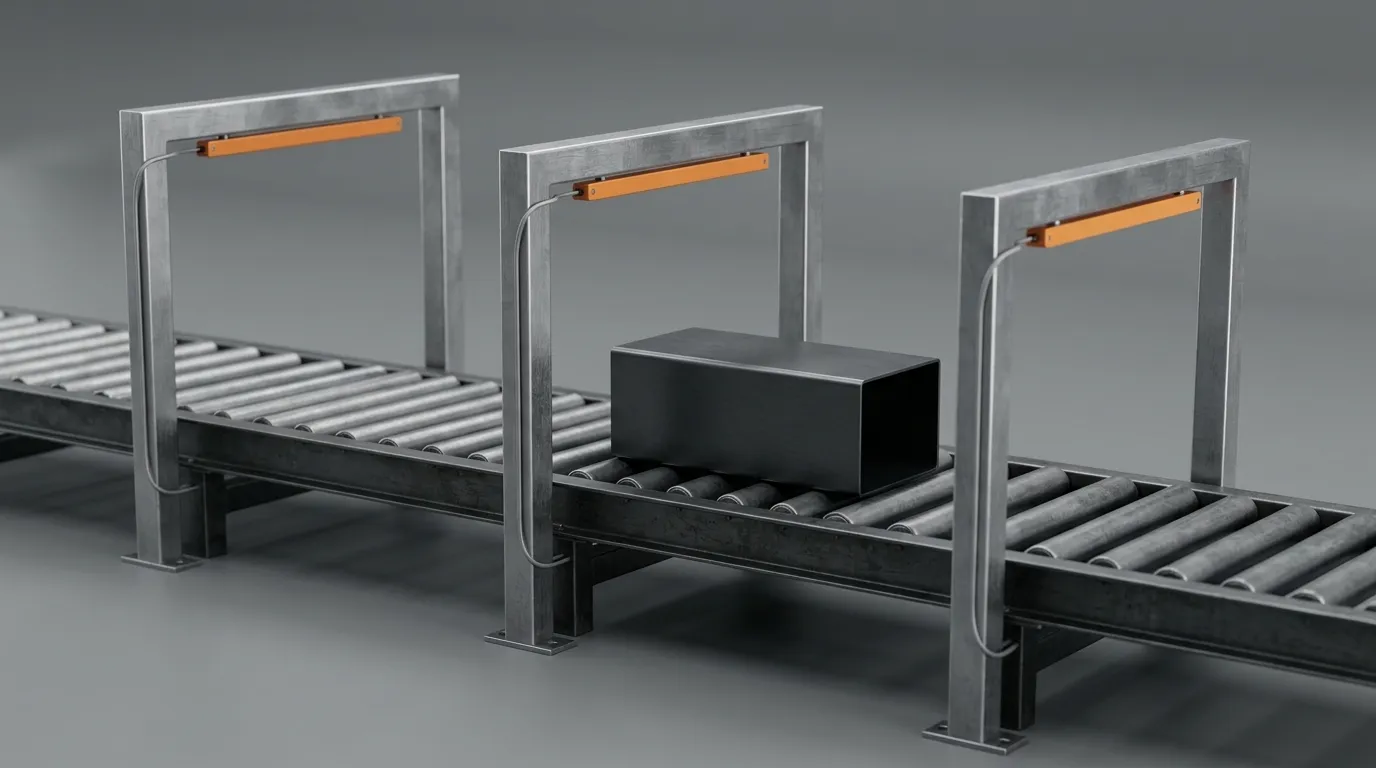 A steel battery module on a roller conveyor passing through three sensor gates during a factory audit
