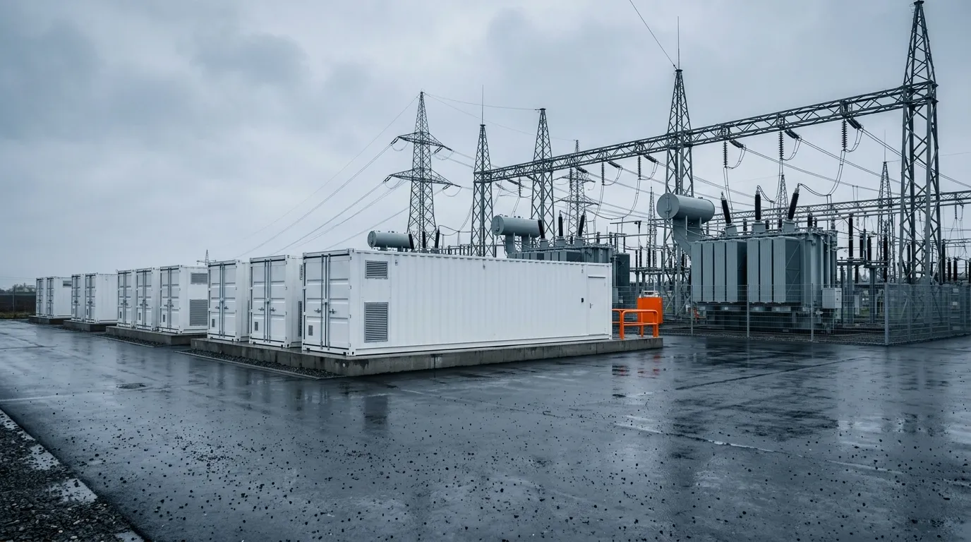 Grid-scale battery storage containers at a German substation supplying aFRR balancing capacity to the transmission grid